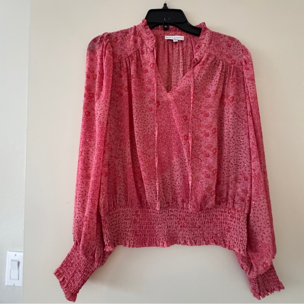 Maison Rose-Pink Floral Tie-Neck Blouse